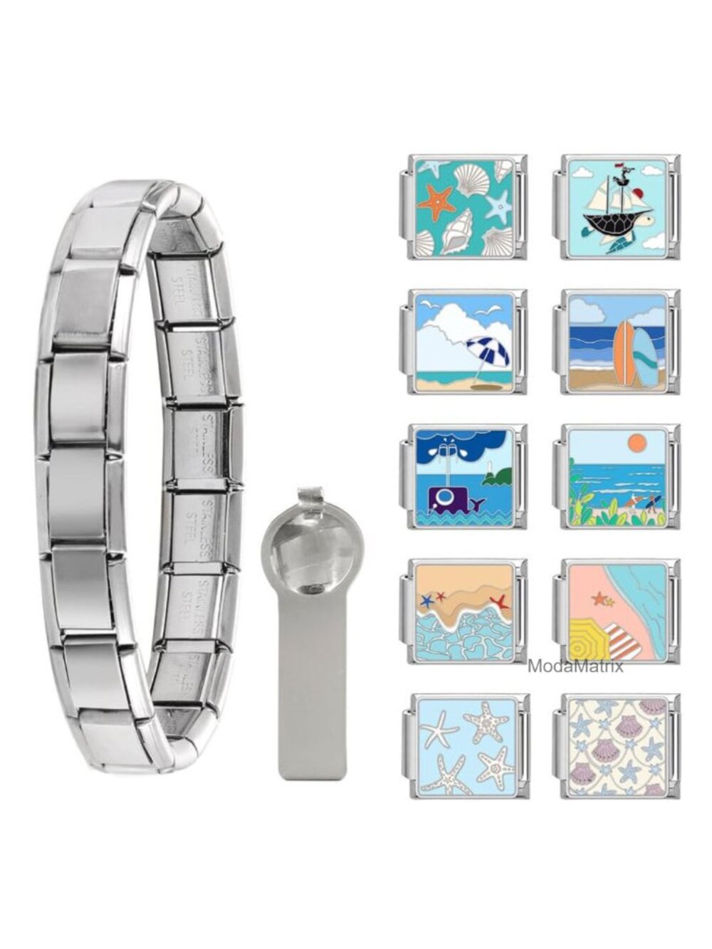 Italian Charm Bracelet Set with 10 Charms and Opening Tool Stainless Steel